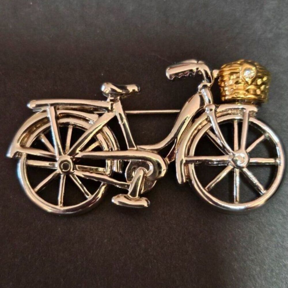 Two-tone bicycle brooch silver gold basket on front